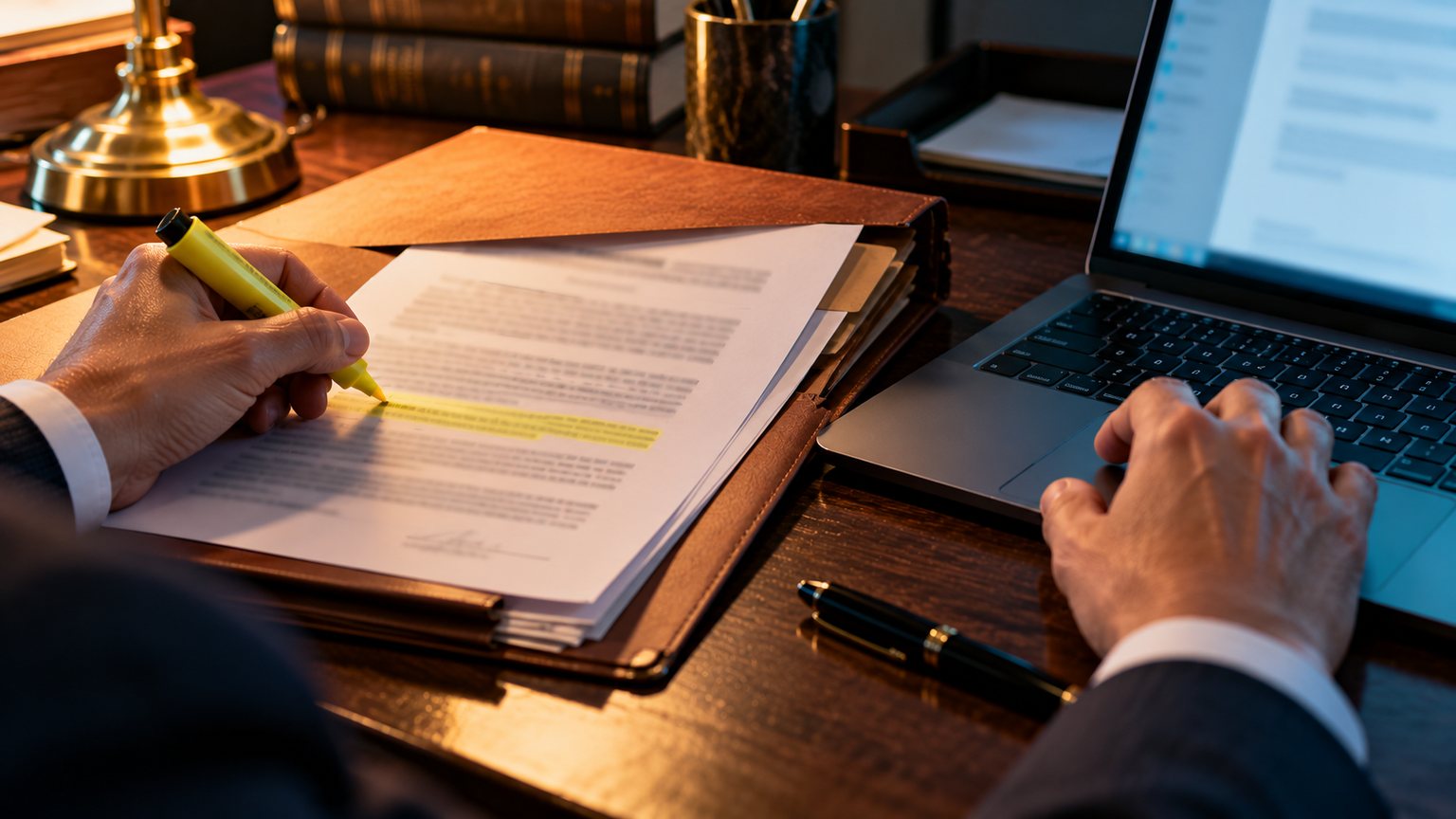 An attorney highlights a passage in a privileged client file with a laptop open beside it