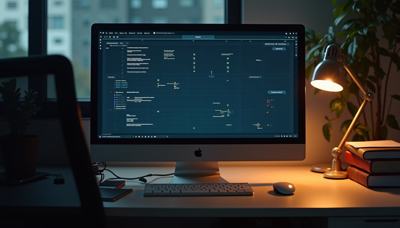 A desk with a monitor showing a simple pipeline board with glowing card shapes moving between columns, lit by a warm desk lamp.