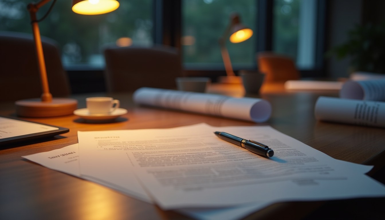 A signed contract document with a pen resting on top, blueprints rolled and neatly organized beside it on a conference table.