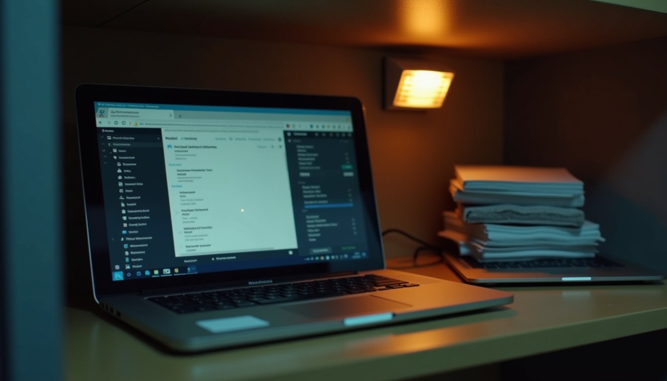 A supply closet mid-organization: a laptop with an asset label applied resting on a shelf, a nearby screen showing a simple inventory list.