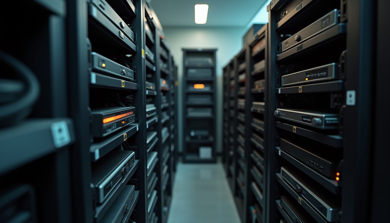 A fully organized equipment shelf: devices neatly racked in even rows, each with a label and a small indicator light.