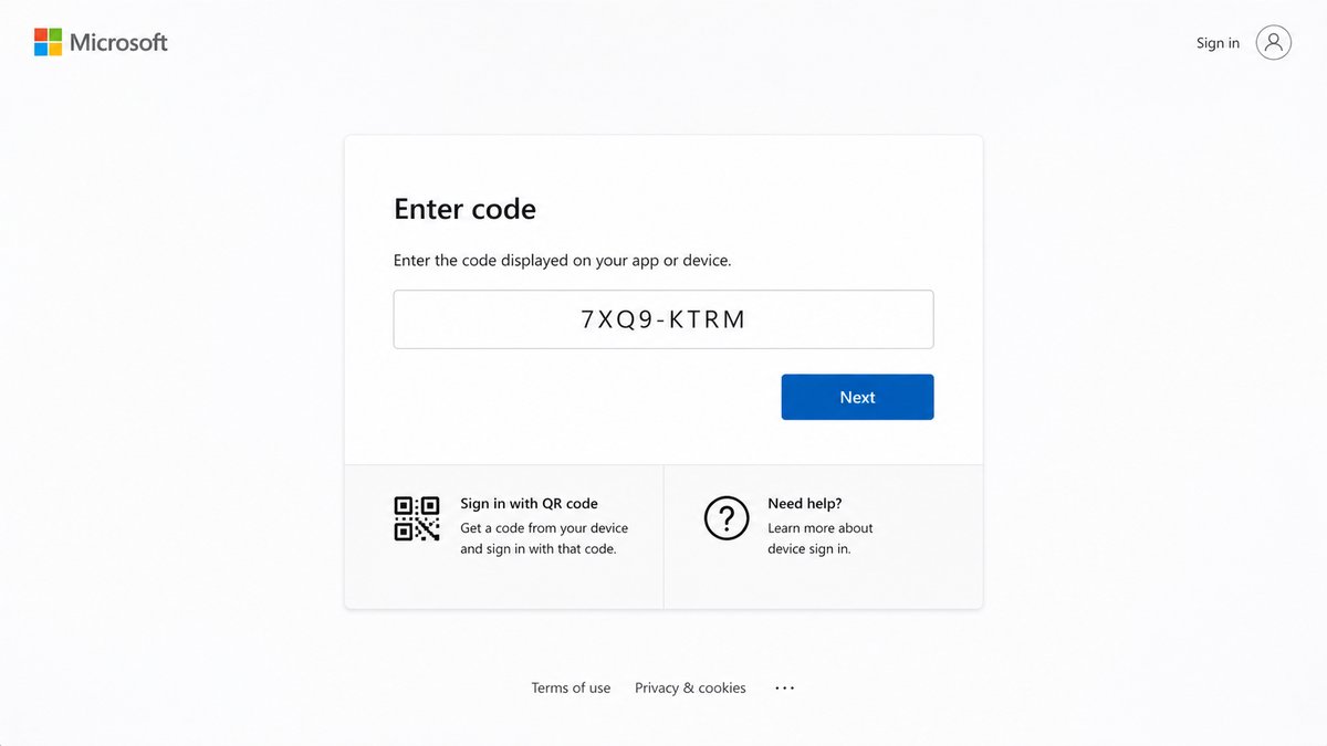 The real microsoft.com/devicelogin page asking you to enter a code