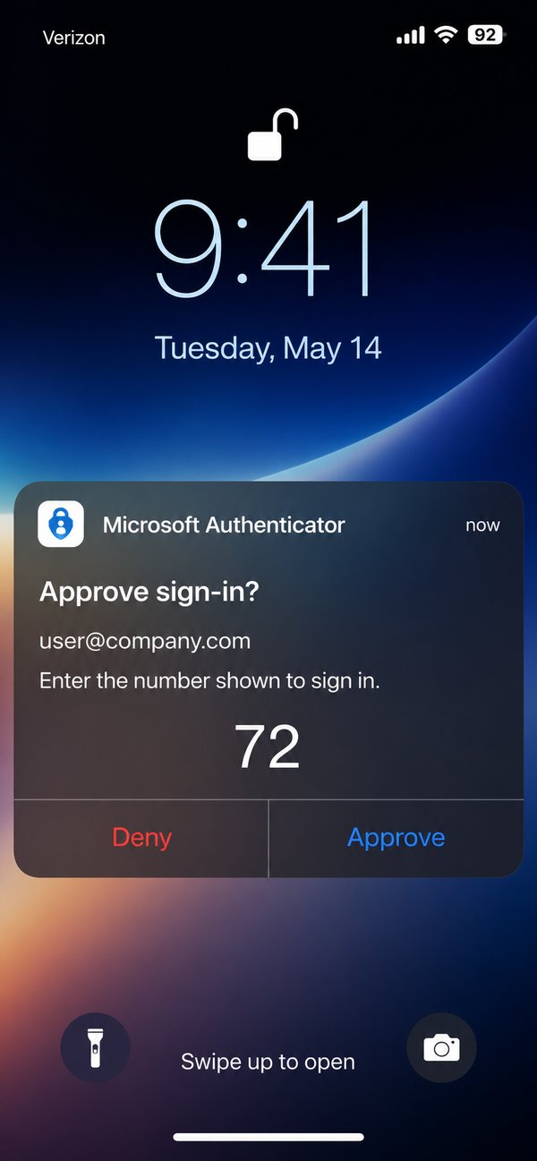 A legitimate Microsoft Authenticator number-matching MFA prompt