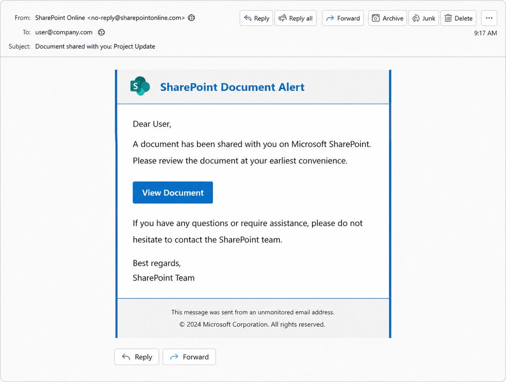 Example of a real device-code phishing email styled as a SharePoint document share