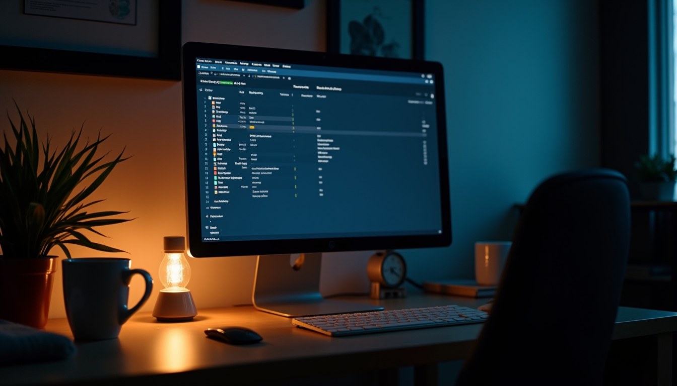 An IT admin desk with a monitor showing a device management list with distinct icon rows, lit by a warm desk lamp.